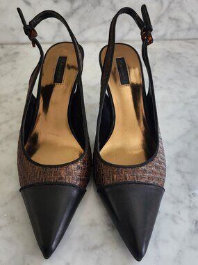 Tahari Slingback Heels 6.5 Brown Woven Cap Toe Pointed Chanel Style Pumps